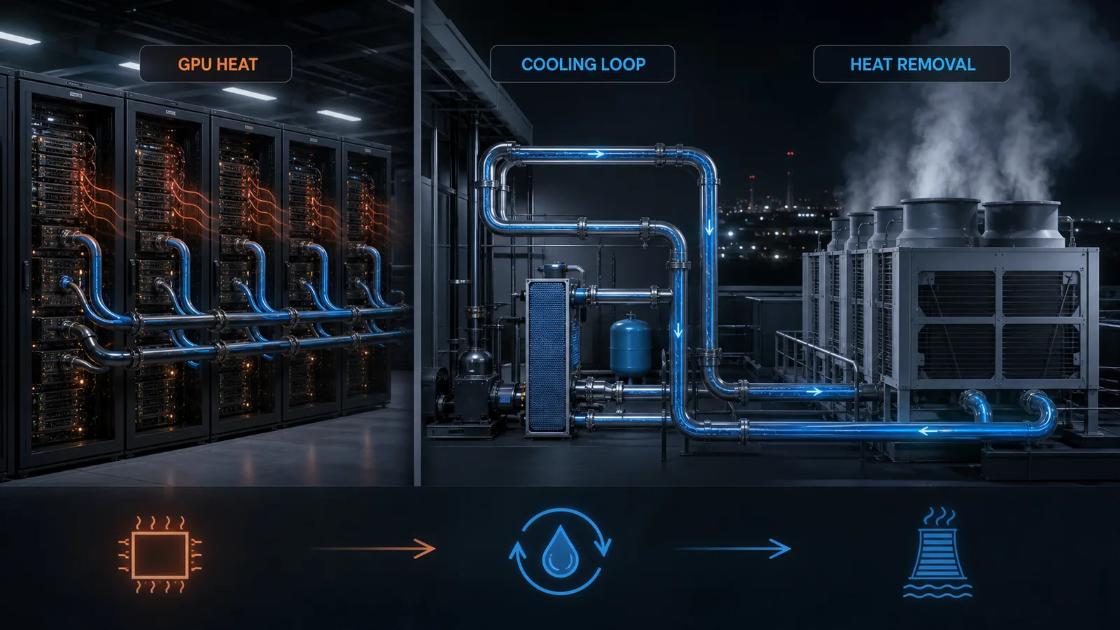 Diagram showing AI datacenter GPU heat being removed through water cooling infrastructure