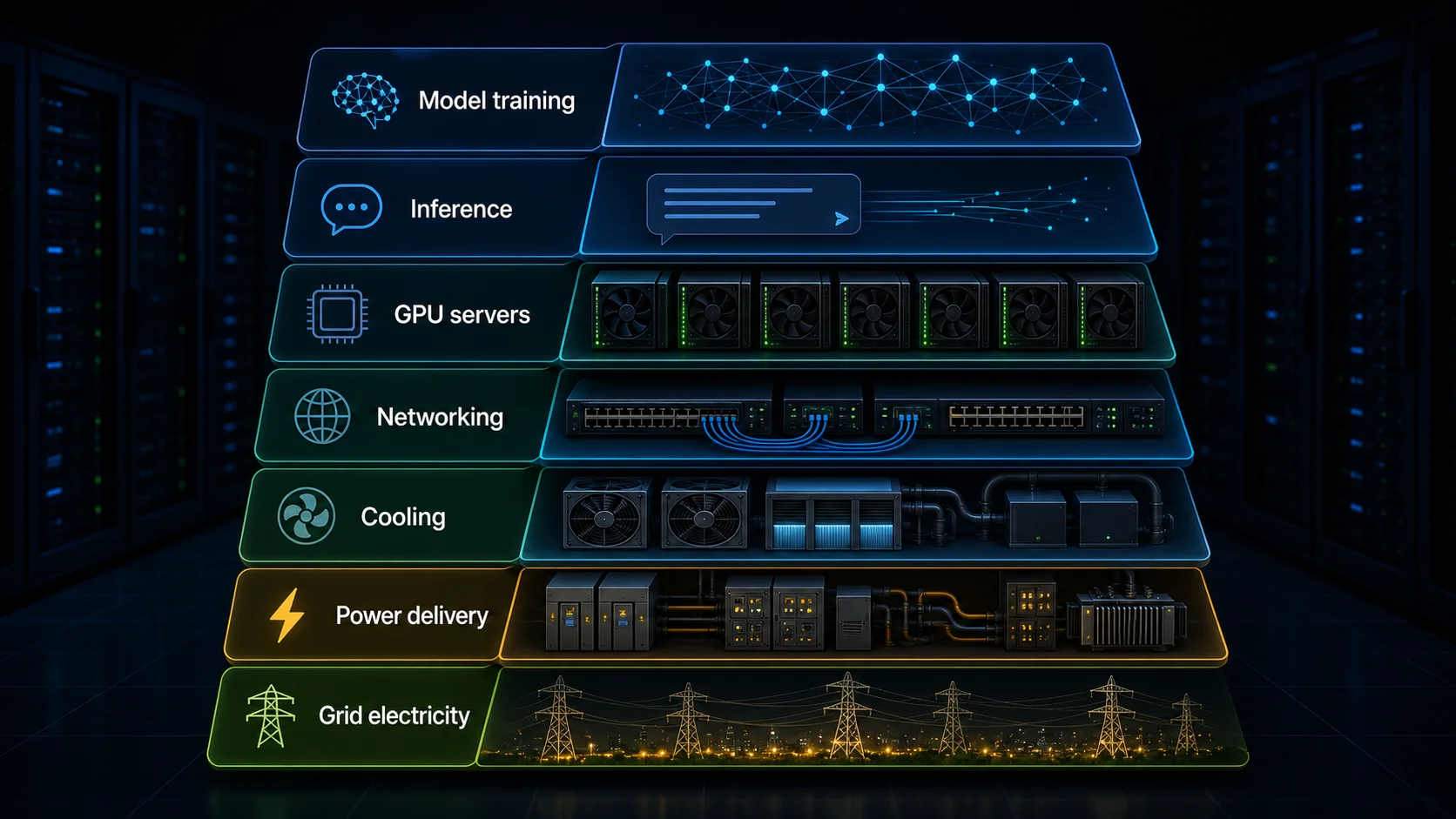 Layered diagram showing model training, inference, GPU servers, networking, cooling, power delivery and grid electricity