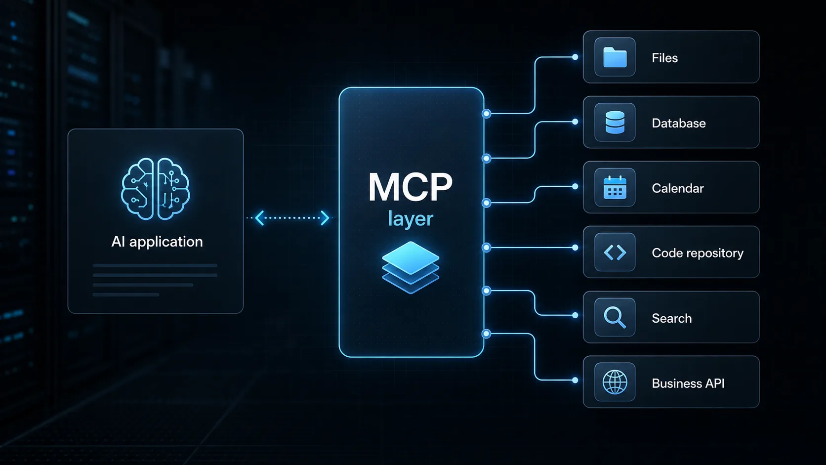 Diagram showing an AI application connected to files, databases, calendar, code, search and business APIs through an MCP layer