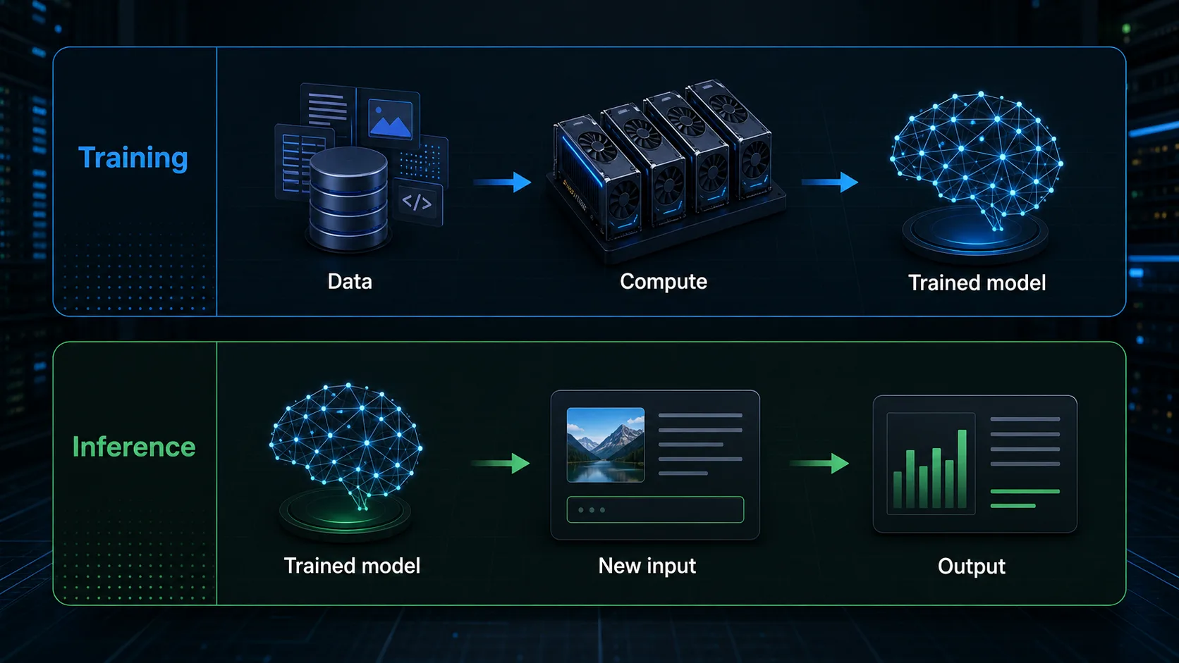 Diagram comparing AI training and AI inference workflows